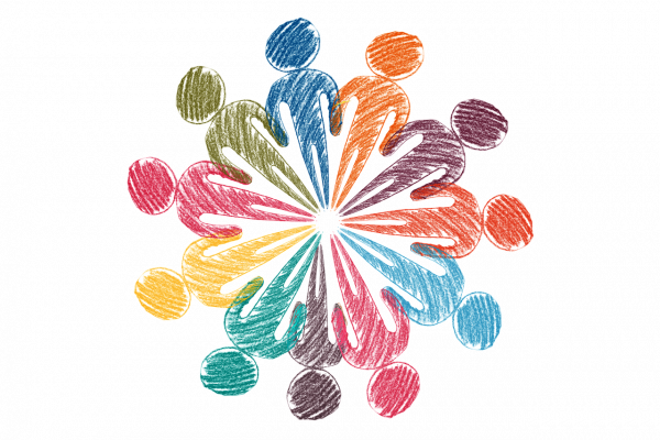 Un cercle de silhouettes humaines colorées, dessinées comme des esquisses, se tenant par la main et formant un motif en forme de fleur.